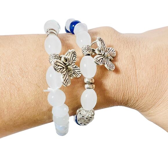 Chinese Style Glass Bead Double Bracelet Metal Butterfly Charms White Blue - Picture 1 of 3